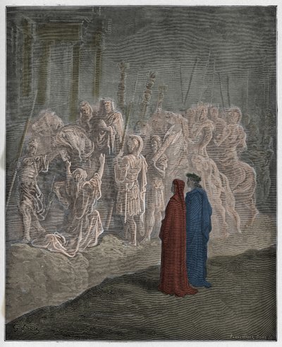 Purgatorio, Canto 10: De marmeren sculpturen die trots uitbeelden, illustratie uit De Goddelijke Komedie van Dante Alighieri, 1885 door Gustave after Dore